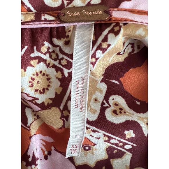 Free People Top Womens XS Satin Warm Tone Floral Print U-Neck Collared Blouse - Picture 5 of 13